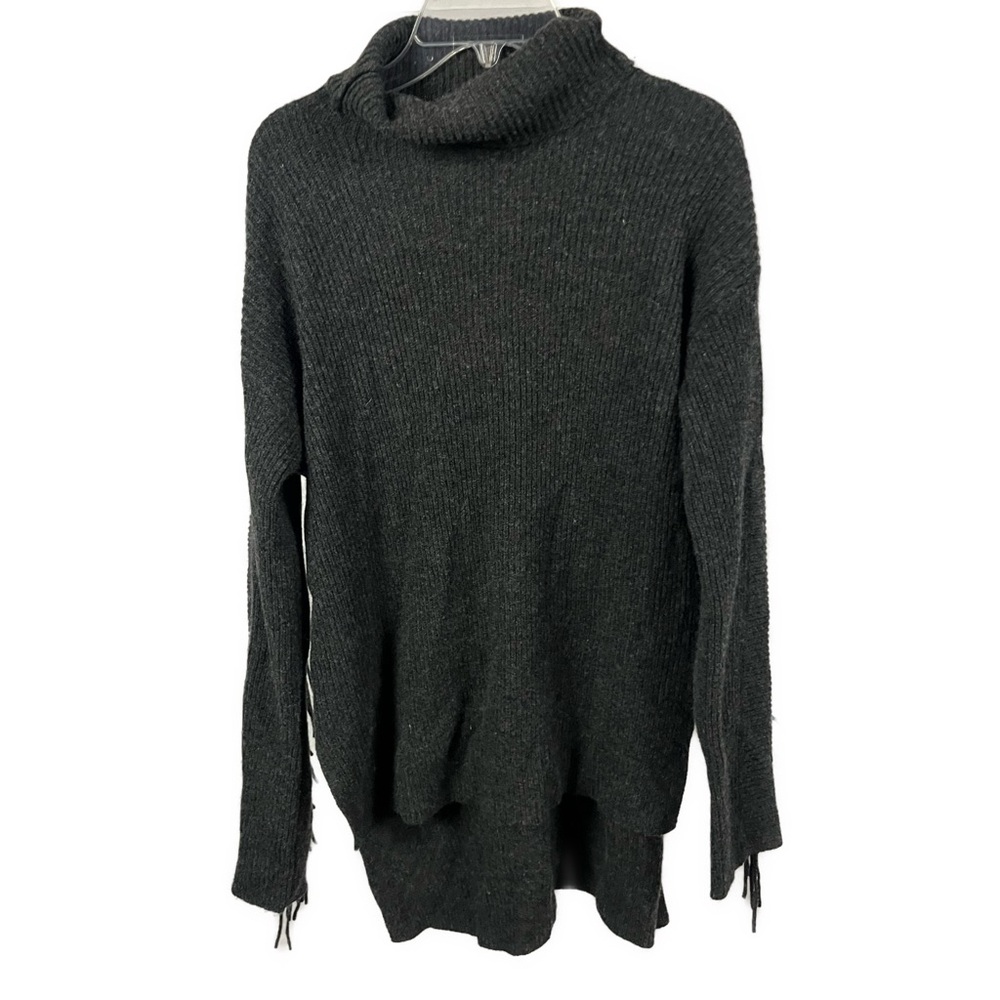 Brodie Cashmere‎ Women's Sophia Fringe Ribbed Gray Cowl Neck Tunic Sweater- XS